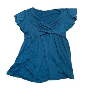 EKOUAER Teal V-Neck Ruffle Sleeve Tunic Top Size S